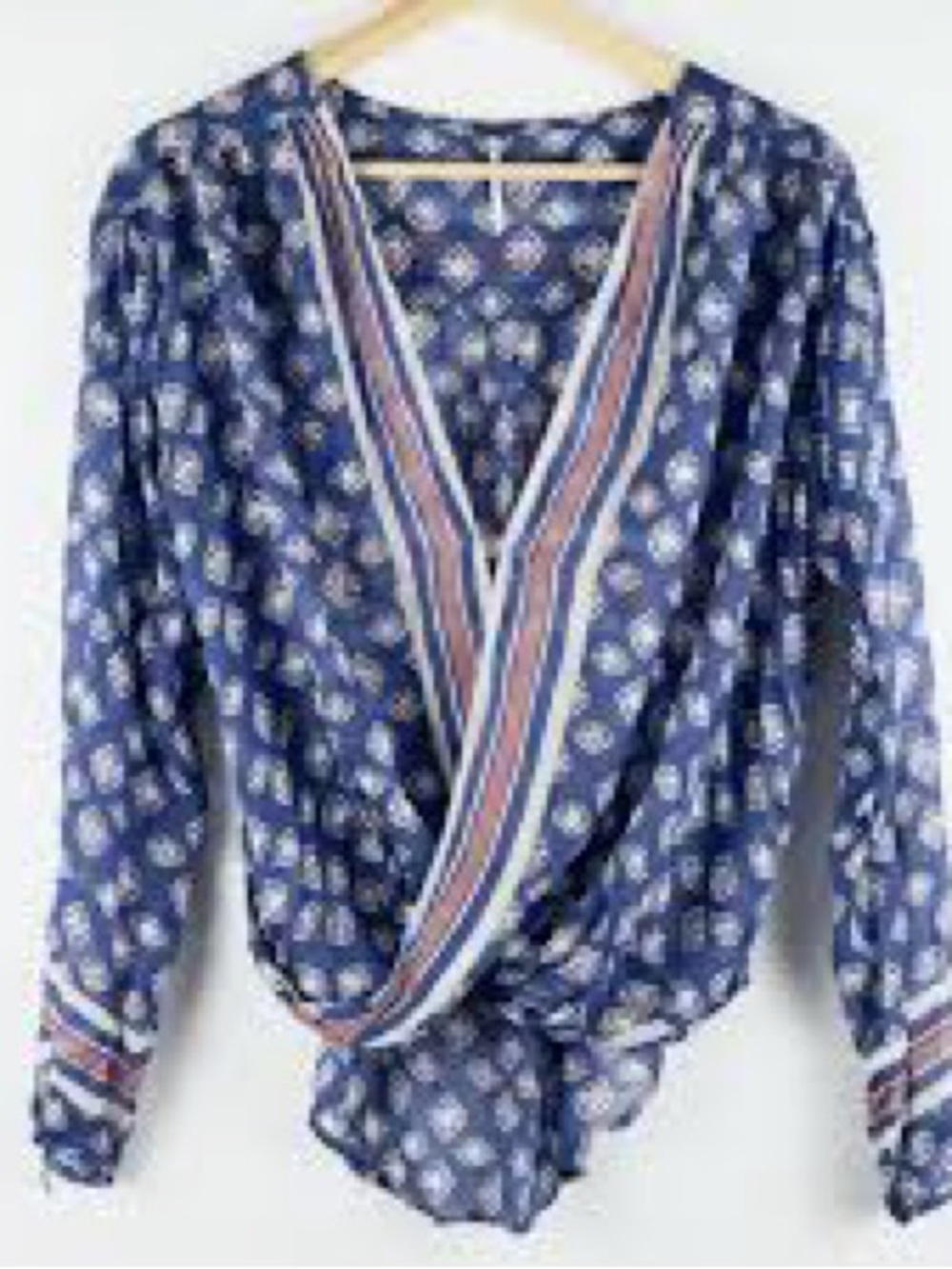 Free People Blue Printed Wrap Blouse with Striped Trim